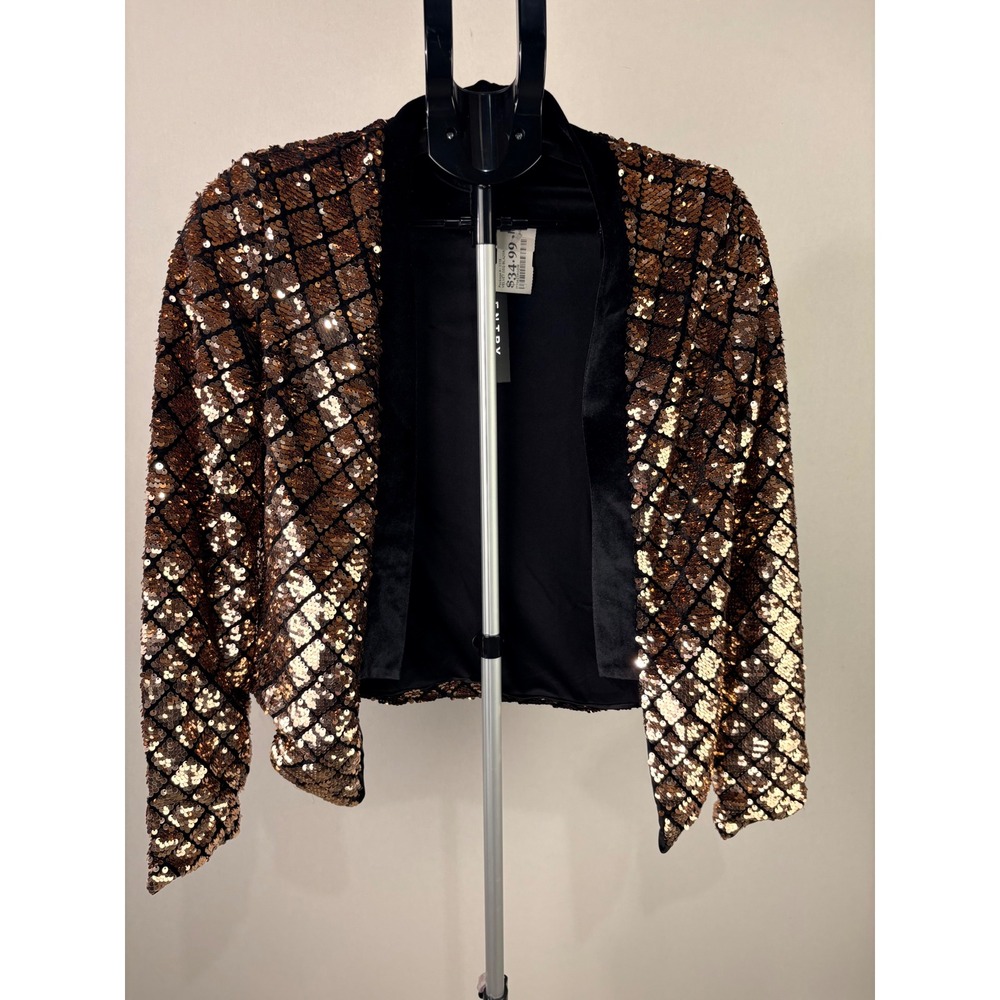 Entry Rose Gold Sequin Velvet Blazer Open Front Jacket Diamond Pattern Size M